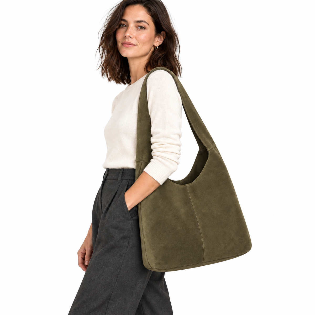 Amelie Suede Shoulder Bag — Olive
