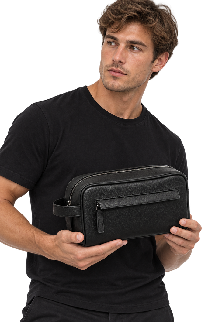 The London Leather Washbag – Black