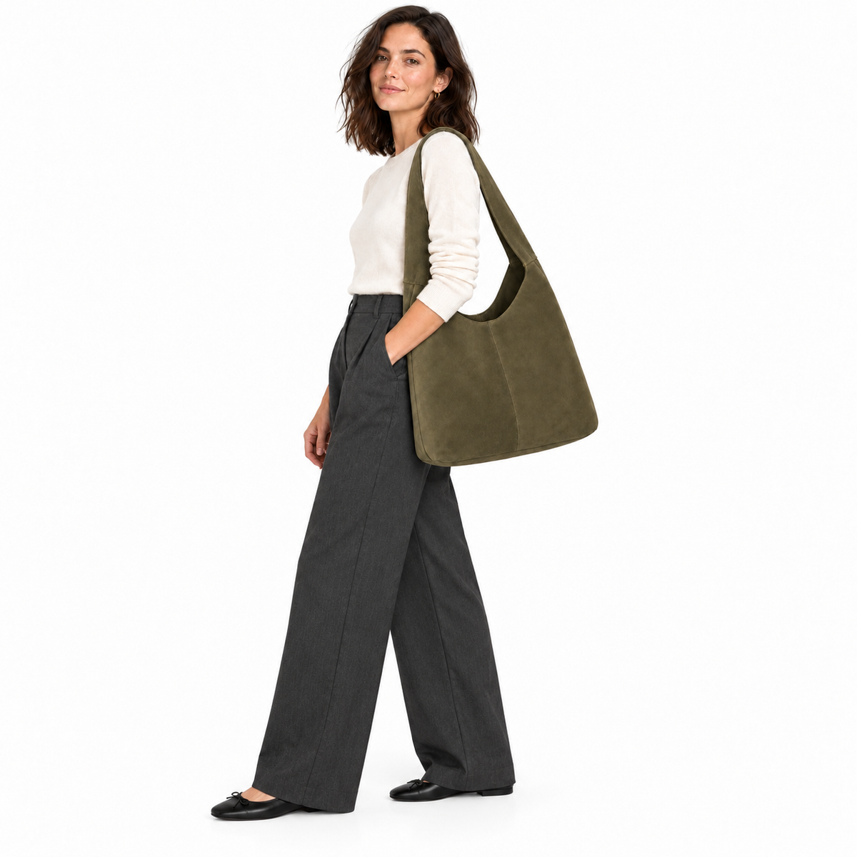 Amelie Suede Shoulder Bag — Olive